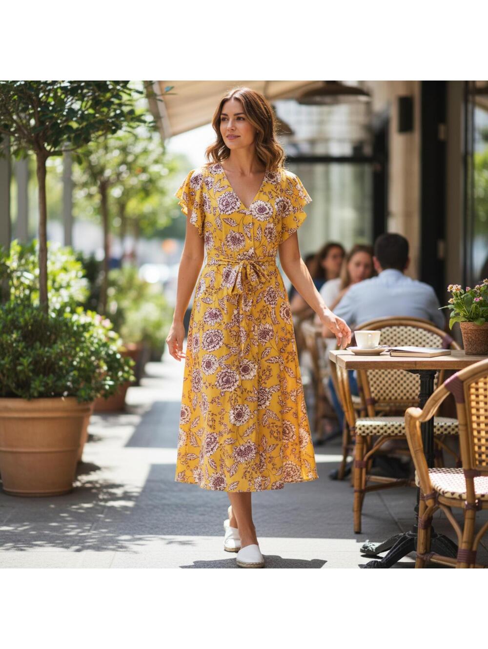 Alex Marie floral wrap midi dress yellow size 6 belted flutter sleeve v-neck